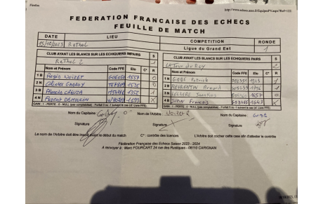 Interclubs Régionale 1, Ronde 1, 15/10/2023